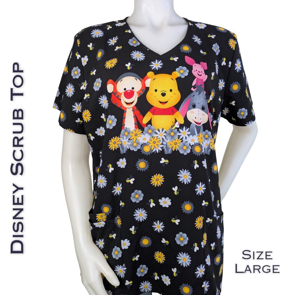 Disney Winnie The Pooh Scrub Top Womens L Black Floral Character